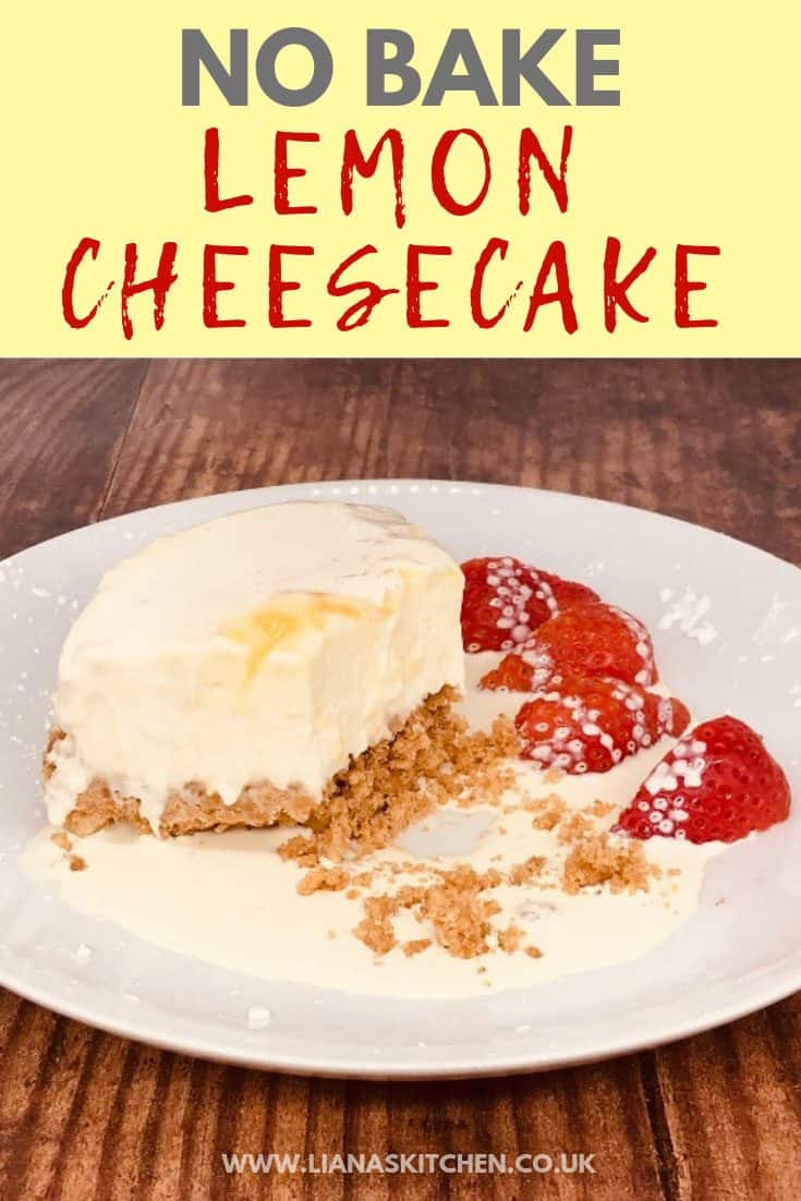 serving of no bake lemon cheesecake on a plate with strawberries