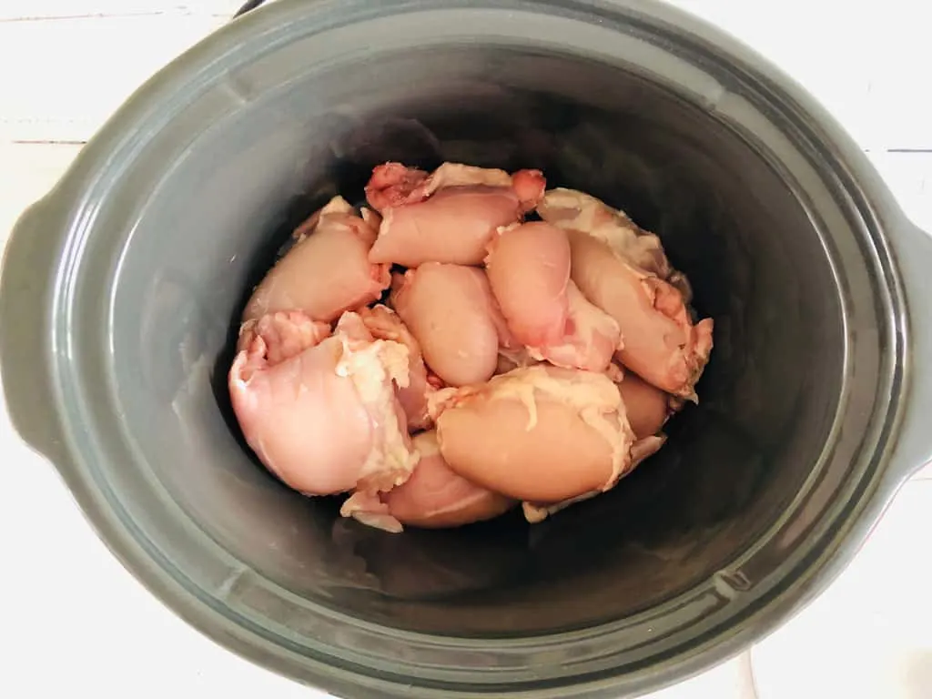 raw chicken placed in slow cooker bowl