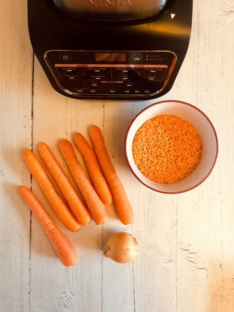 ingredients for carrot and lentil soup