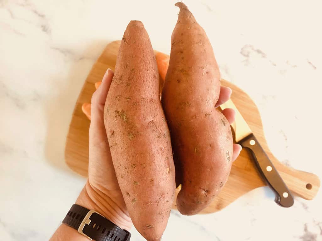 2 sweet potatoes before cutting for soup