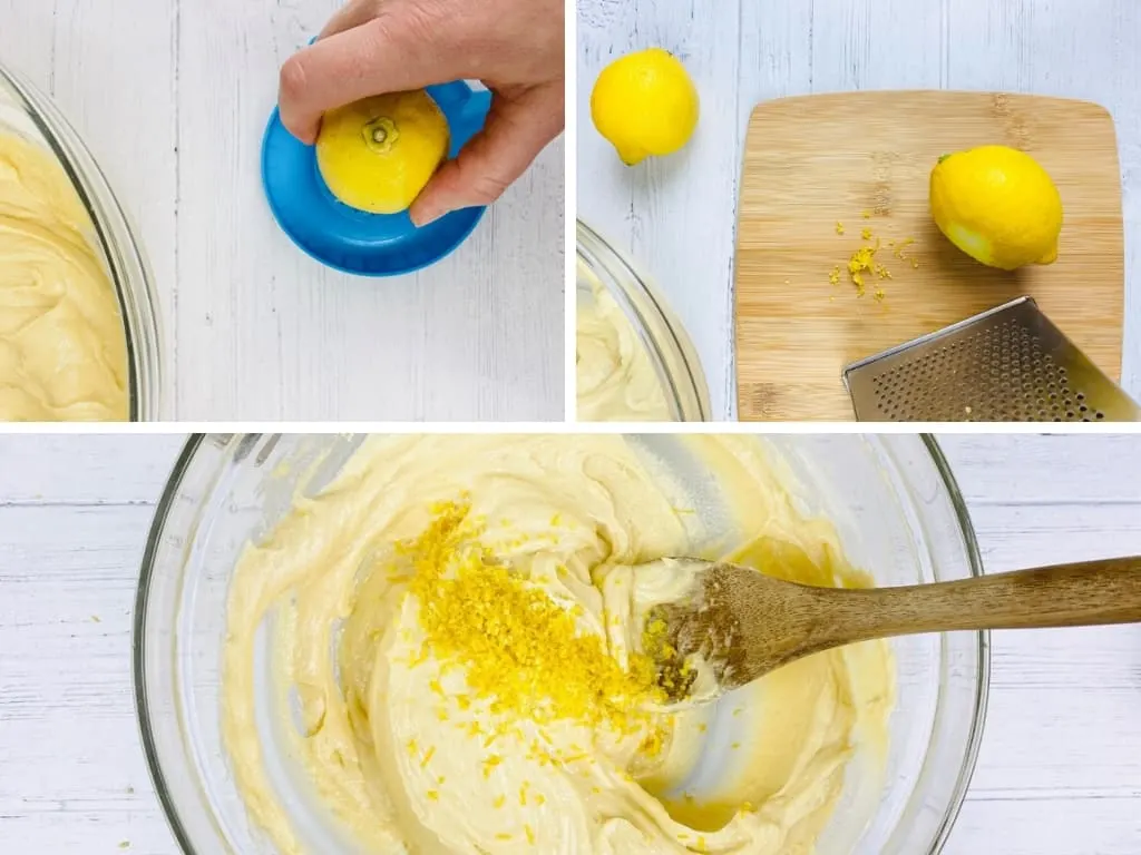 adding lemon to lemon drizzle cake