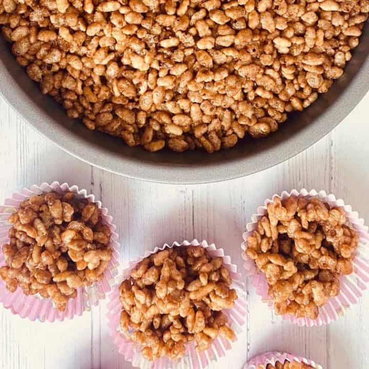 rice crispy cakes in baking tin and cupcake cases