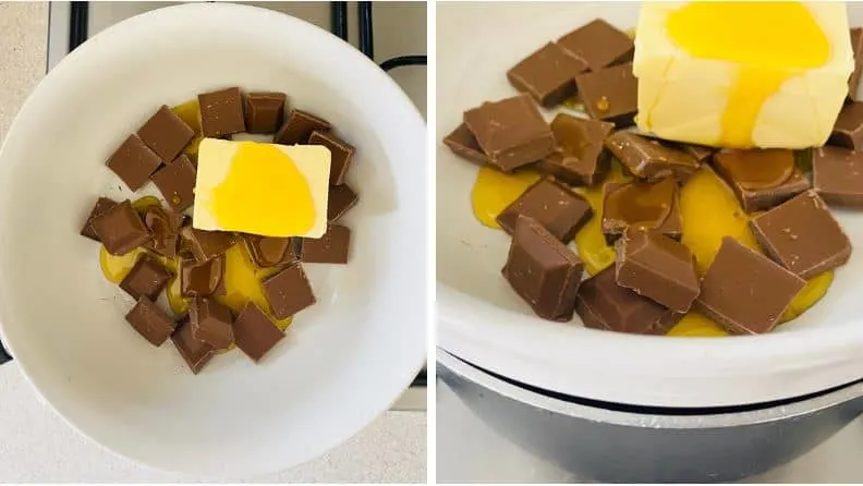 Melting chocolate, butter and golden syrup in a bowl using the double boiler method.