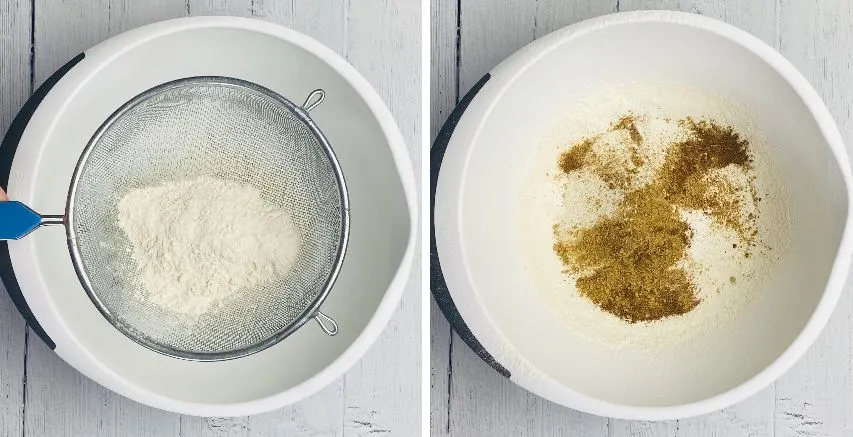 sifting flour and spices for gingerbread men