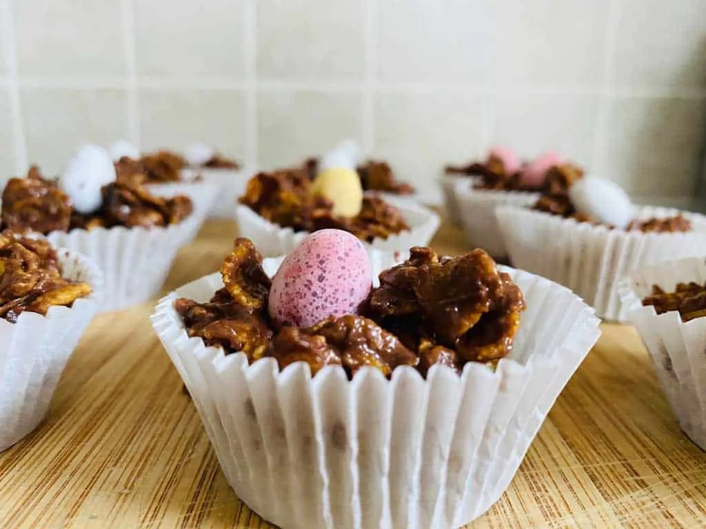 Chocolate Cornflake Cakes with mini eggs on top