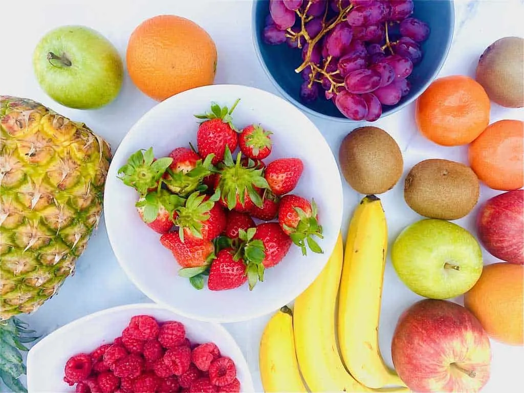 ingredients gathered for fruit kebabs