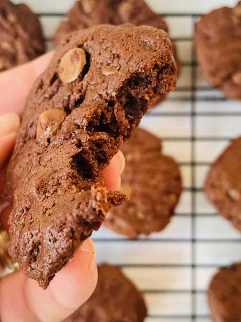 chocolate shortbread with bite taken out