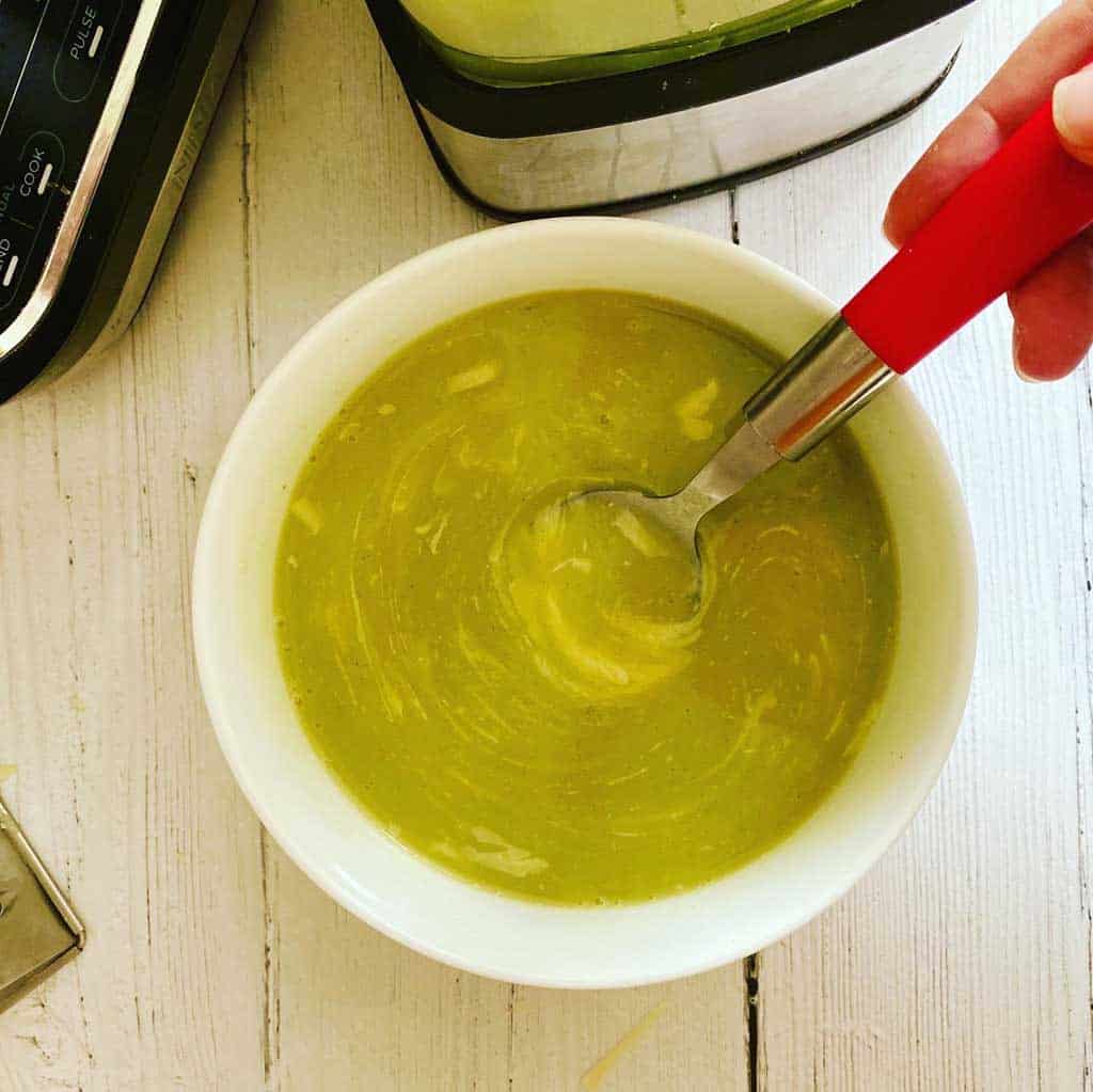 broccoli and cheddar soup in a bowl