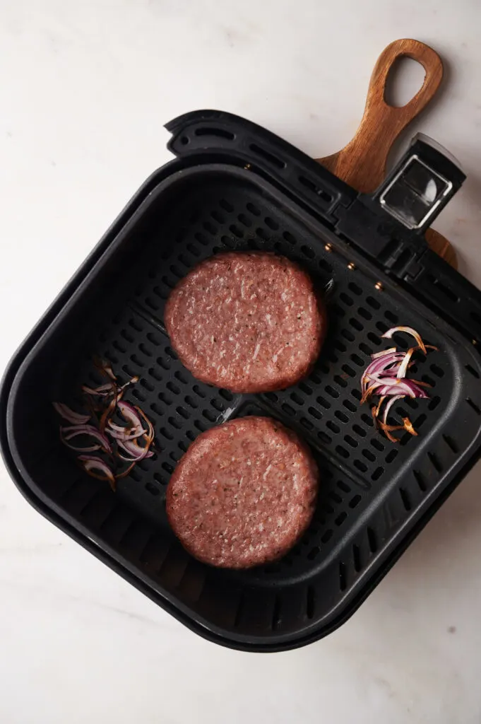 Air Fryer Burgers with onions