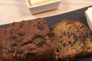 Bara Brith sliced with butter