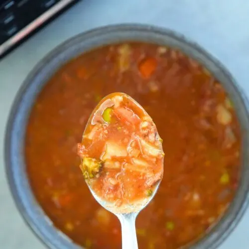 beef and vegetable soup on a spoon over a bowl in front of a Ninja Soup Maker