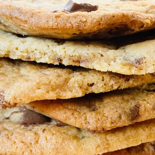 chocolate chip cookies piled on top of each other