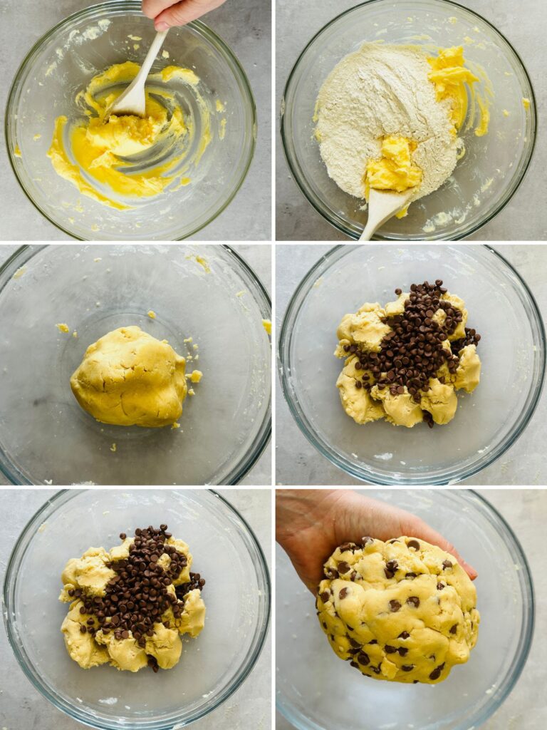 how to make shortbread cookies with chocolate chips step by step using a mixing bowl and a wooden spoon