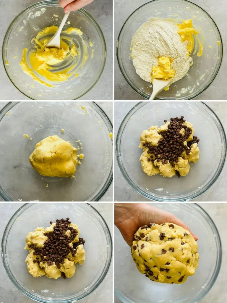 how to make shortbread cookies with chocolate chips step by step using a mixing bowl and a wooden spoon