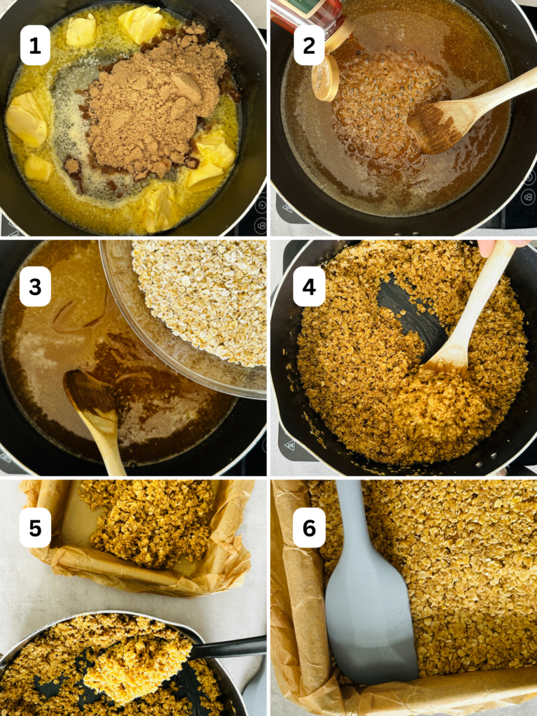 grid with 6 images showing step by step how to make flapjacks