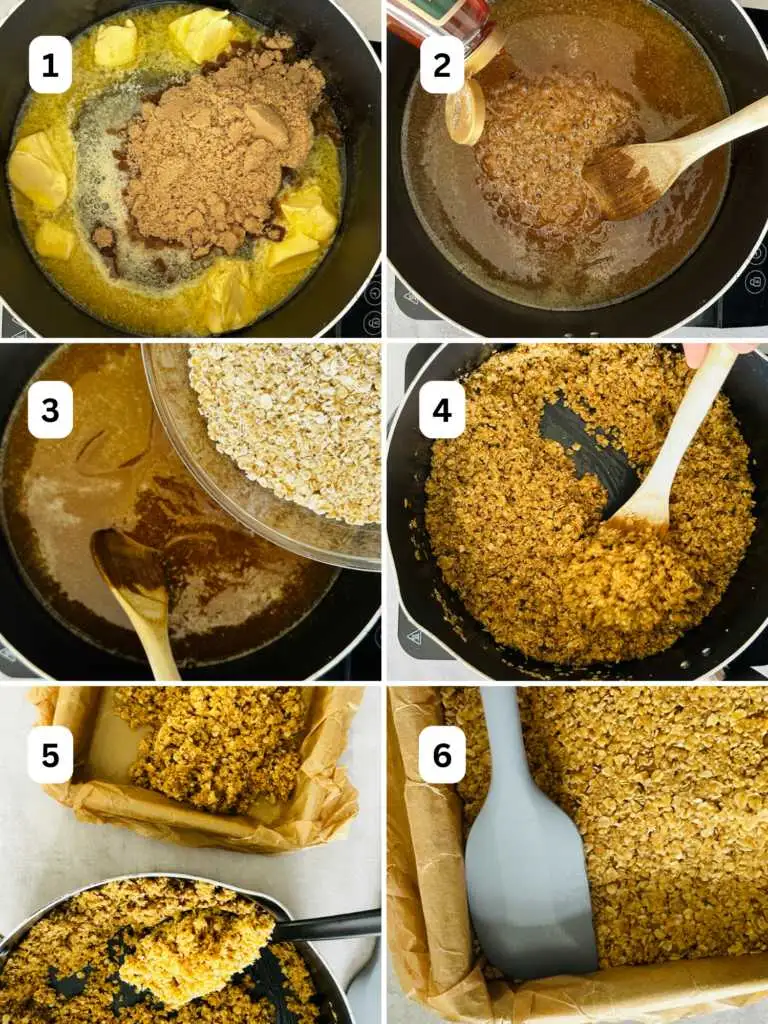 grid with 6 images showing step by step how to make flapjacks