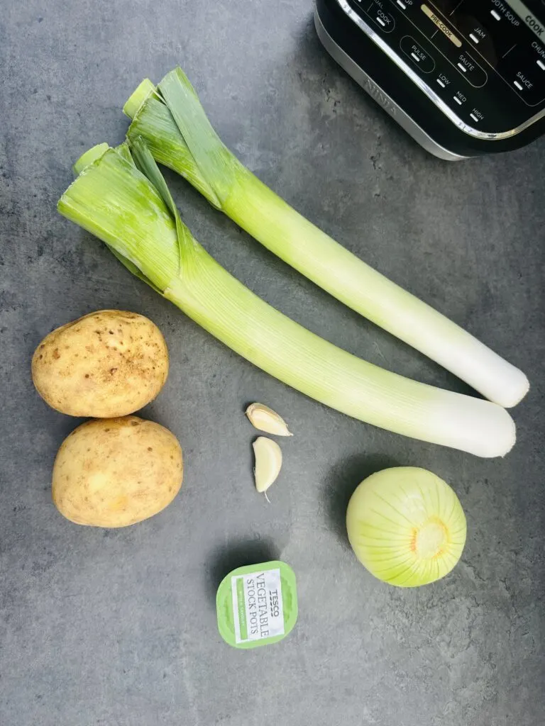 ingredients laid out for leek and potato soup in a soup maker: two leeks, two potatoes, two cloves garlic, one onion, vegetable stock pot on a grey background next to a Ninja Soup Maker