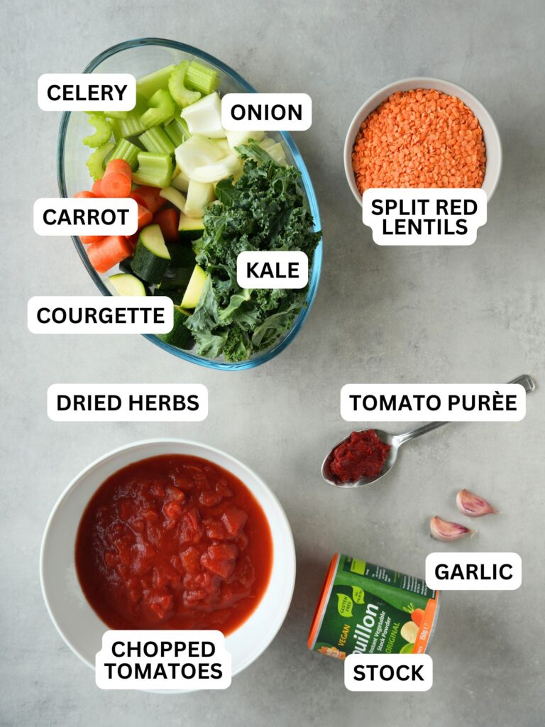 ingredients needed for chunky vegetable and lentil soup