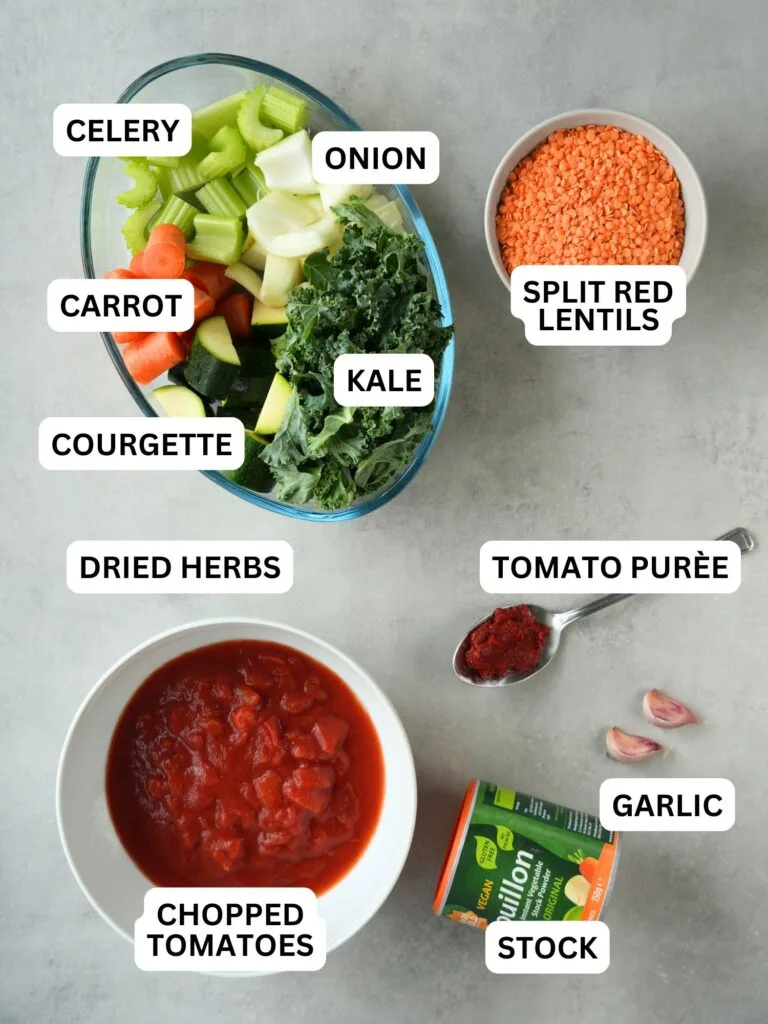 ingredients needed for chunky vegetable and lentil soup