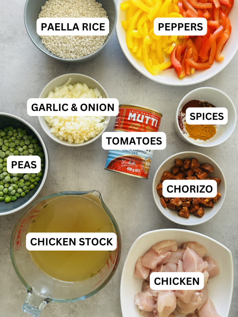 ingredients labelled for chicken and chorizo paella