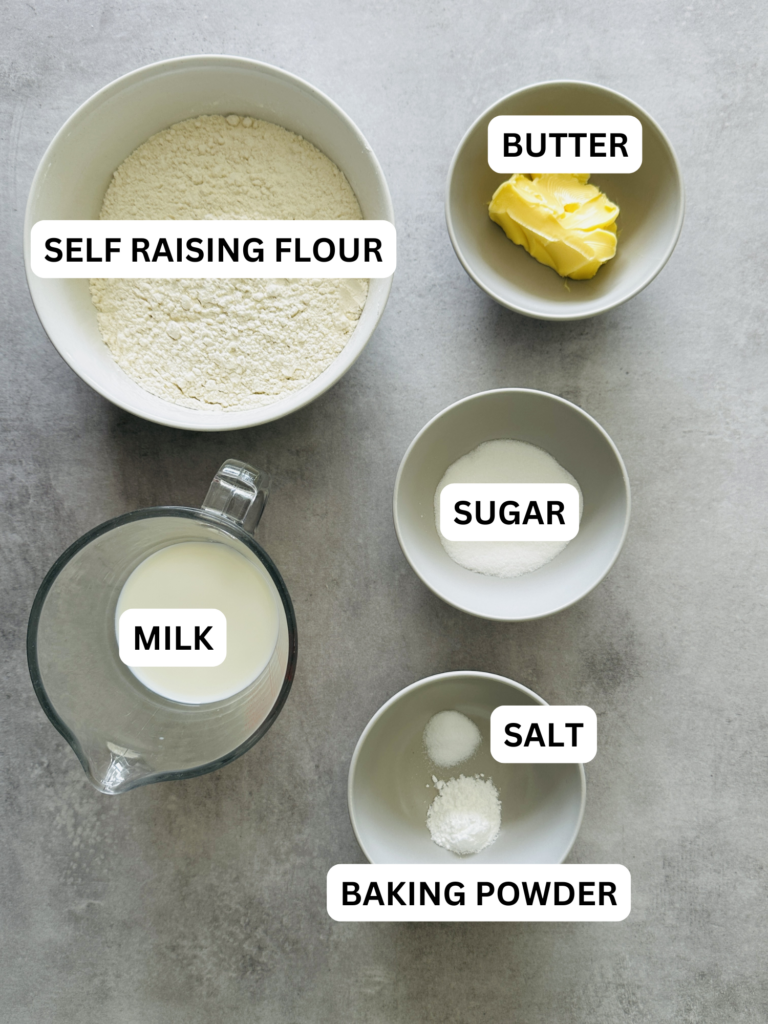 ingredients laid out and labelled for an easy scone recipe in the UK