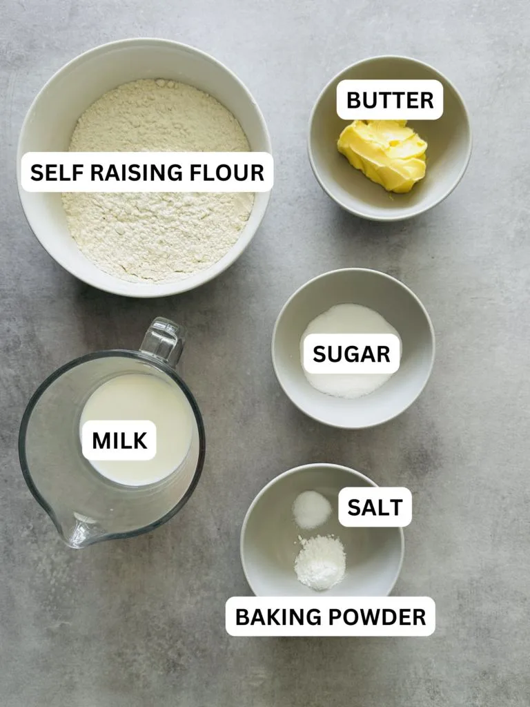 ingredients laid out and labelled for an easy scone recipe in the UK