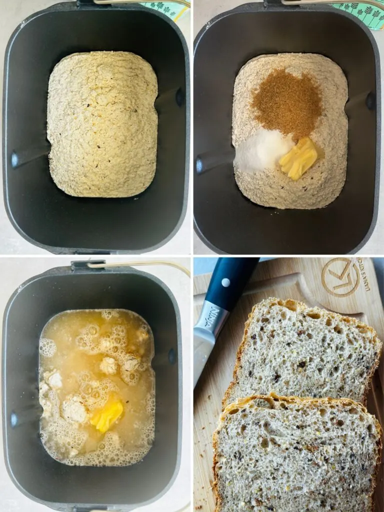 image with 4 photos in a grid showing the steps to making multigrain bread loaf in a Panasonic bread maker