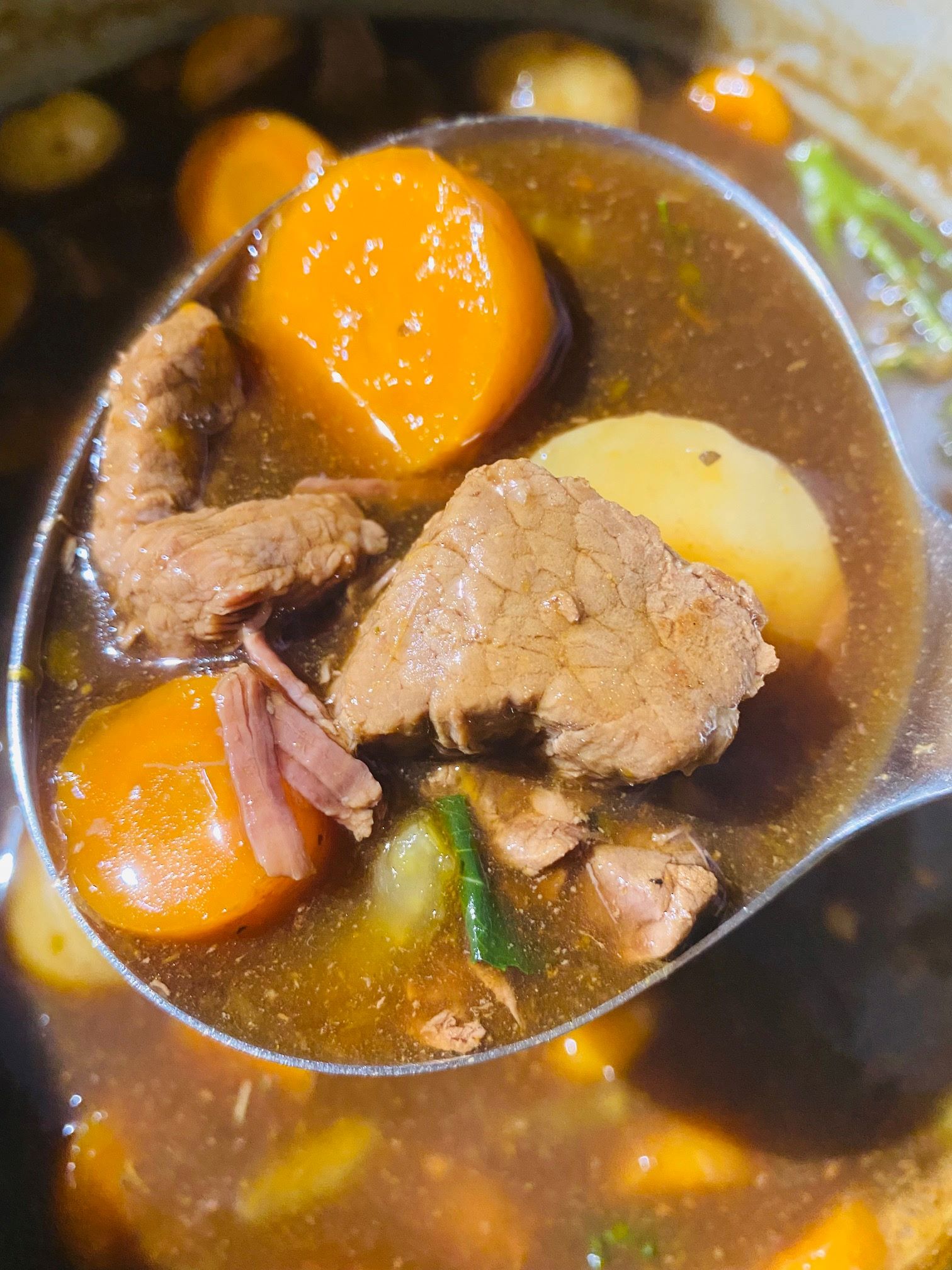 serve spoon with freshly cooked meat stew in a Ninja Foodi, beef, carrots, potatoes, sauce and broccoli in a meat sauce.