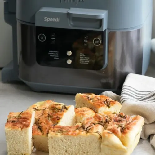 cooked focaccia bread in front of the Ninja Speedi