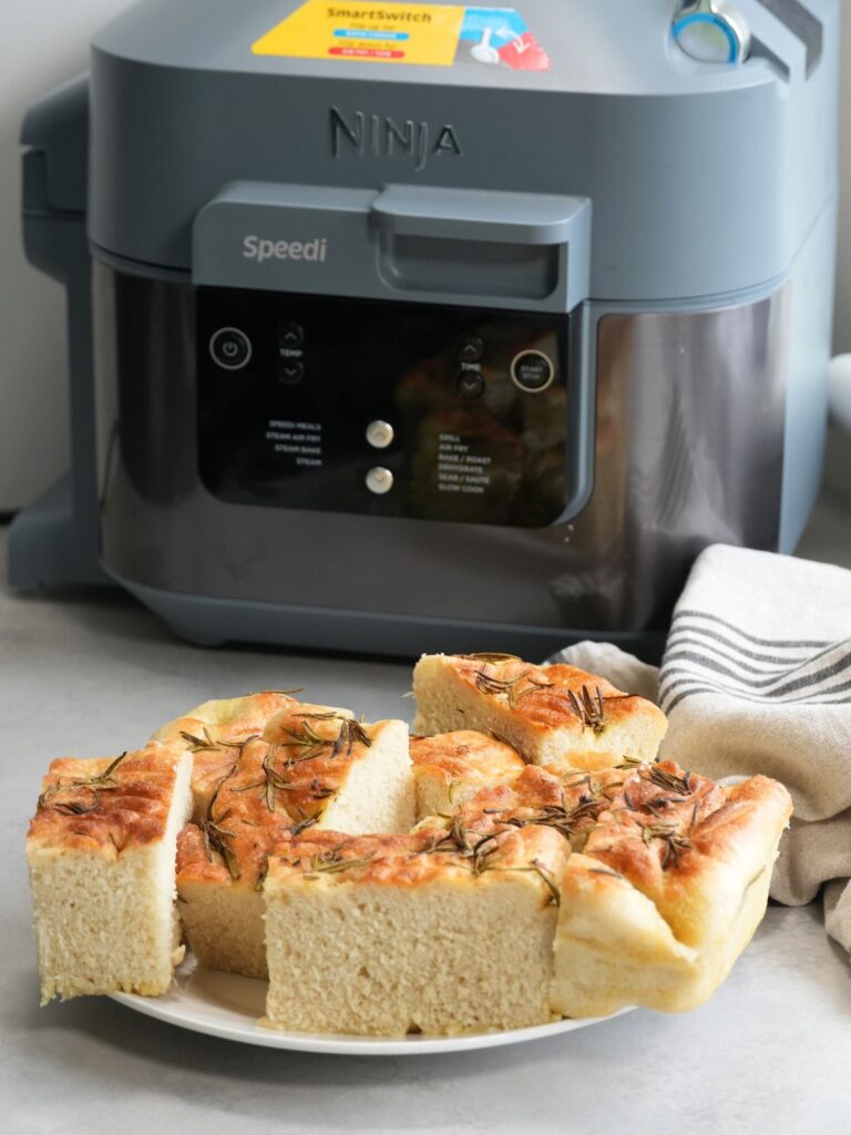 cooked focaccia bread in front of the Ninja Speedi