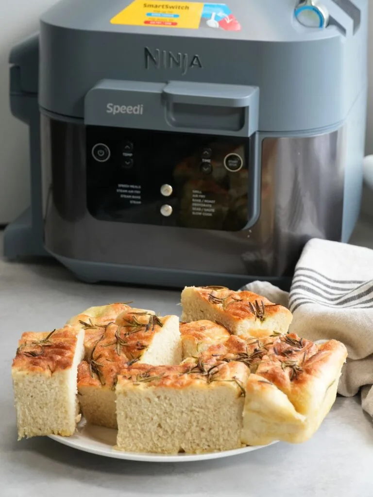 cooked focaccia bread in front of the Ninja Speedi