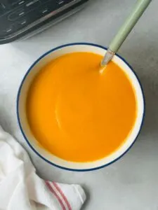 roasted tomato and garlic soup in a bowl with a spoon in it next to a white teatowel and a ninja soup maker