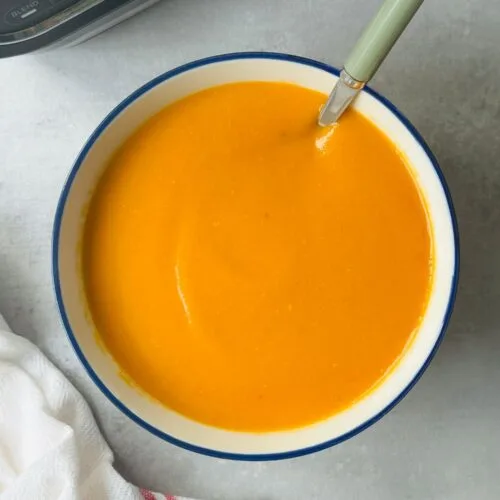 roasted tomato and garlic soup in a bowl with a spoon in it next to a white teatowel and a ninja soup maker