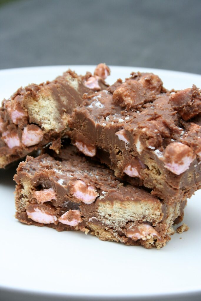 sliced rocky road on a plate