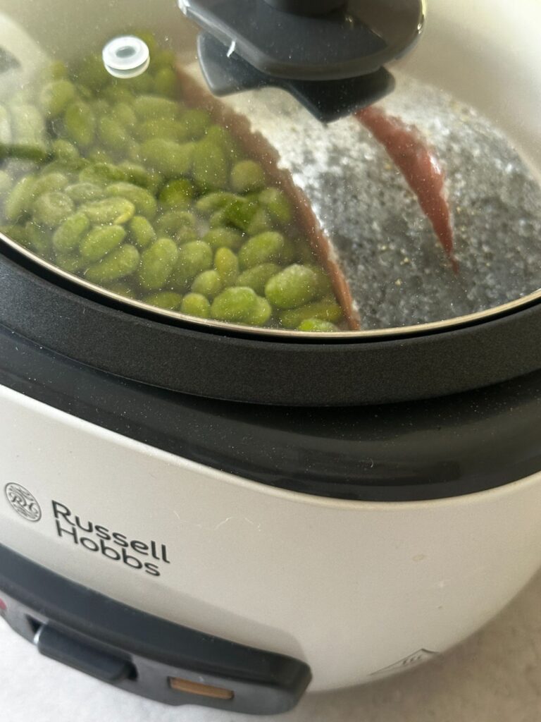 Rice Cooker Soy-Garlic Salmon Rice with Edamame
