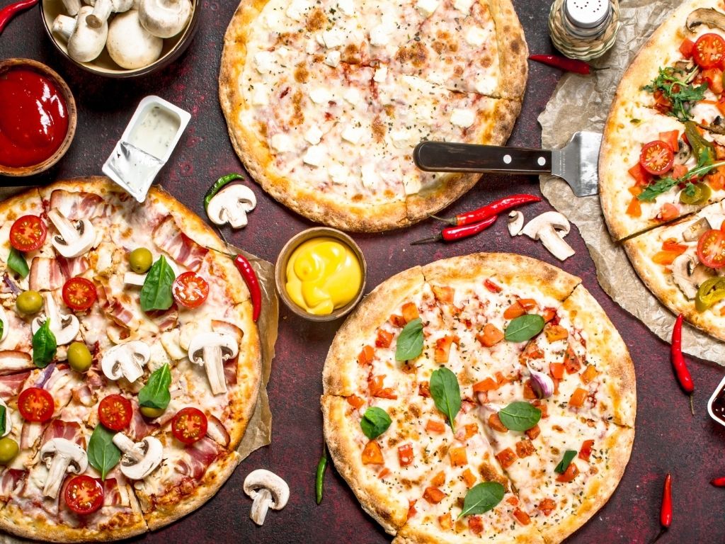 different types of pizza crusts and bases with toppings on top