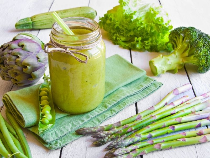 green smoothie jar with fresh green veg