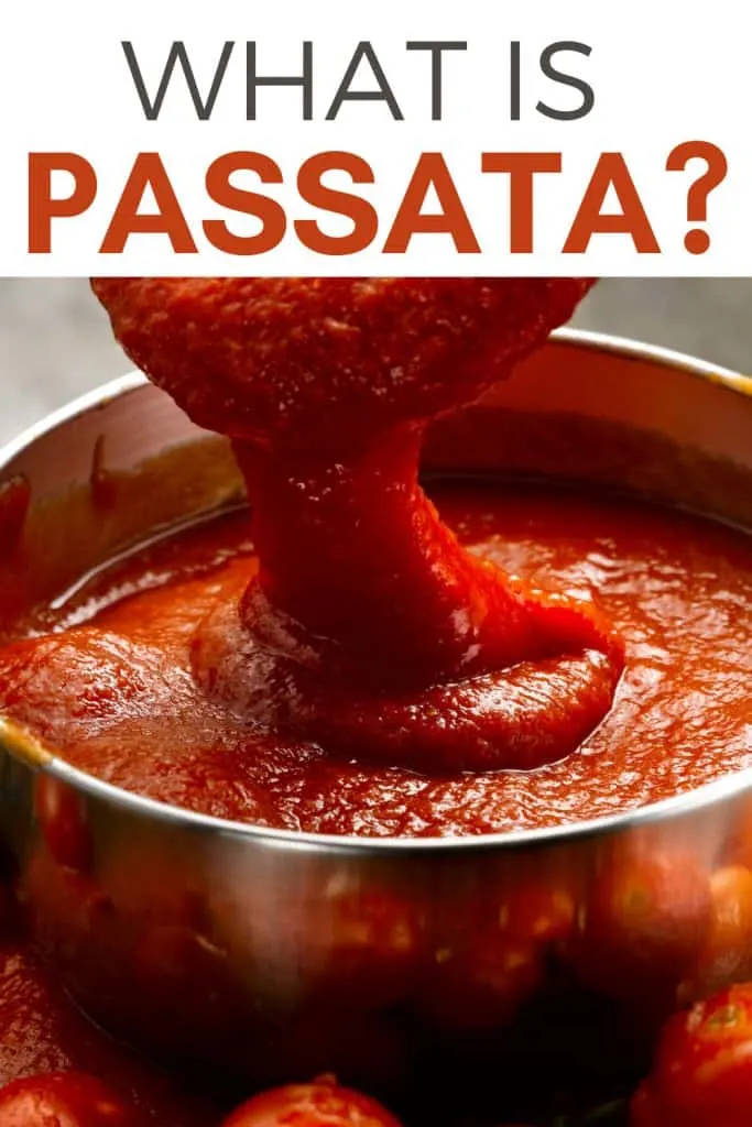 bowl of tomato passata with text overlay 'what is passata?'