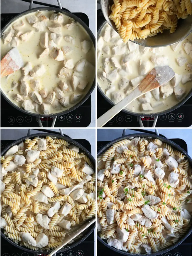 grid of four images showing the chicken and pasta being mixed into the creamy garlic sauce with fresh parsley sprinkled on top