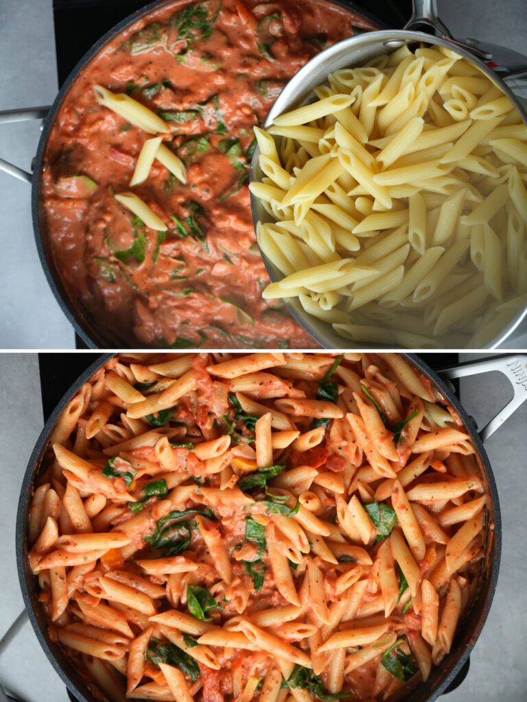 top image is cooked pasta being added to creamy tomato sauce and pasta and the second image is the pasta stirred in