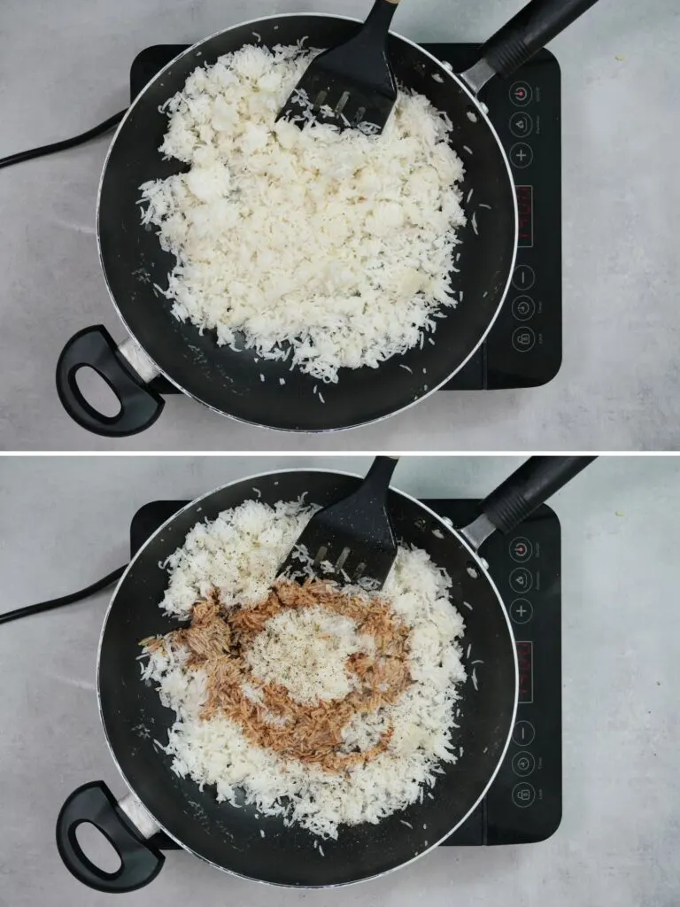 adding cooked rice to wok and soy sauce