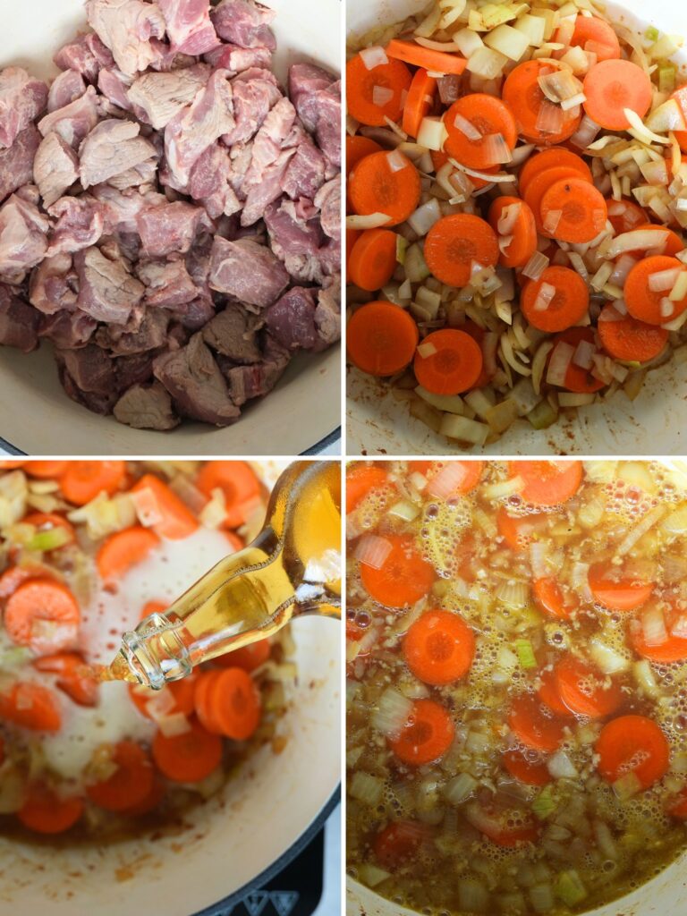 grid of 4 images showing the steps to making pork cider and apple casserole: adding pork, adding carrots and onion, adding cider and then stirring them altogether