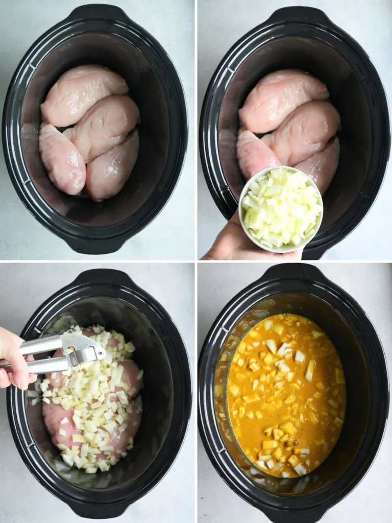 4 grid image showing the steps to cooking a Chinese chicken curry in a slow cooker: 4 raw chicken breasts in slow cooker, adding raw onions, adding crushed garlic, curry sauce added and stirred in 
