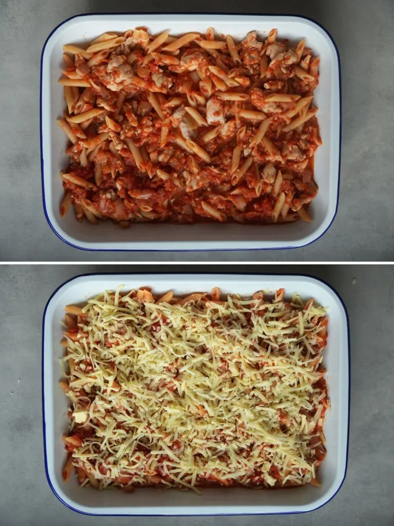 two photos in one image: cooked pasta, chicken and tomatos added to a white baking tin and then below it, the same dish with grated cheese sprinkled on top