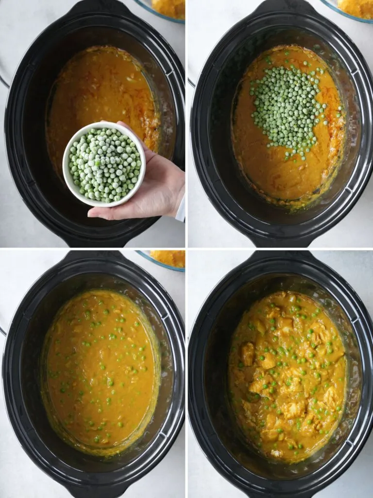 image grid of 4 pictures showing peas being added to slow cooker Chinese chicken curry: frozen peas and chicken