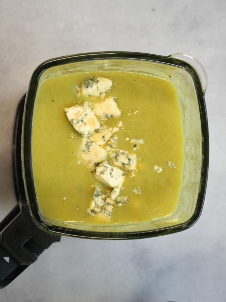 stilton broken up and added to broccoli soup in a soup maker jug