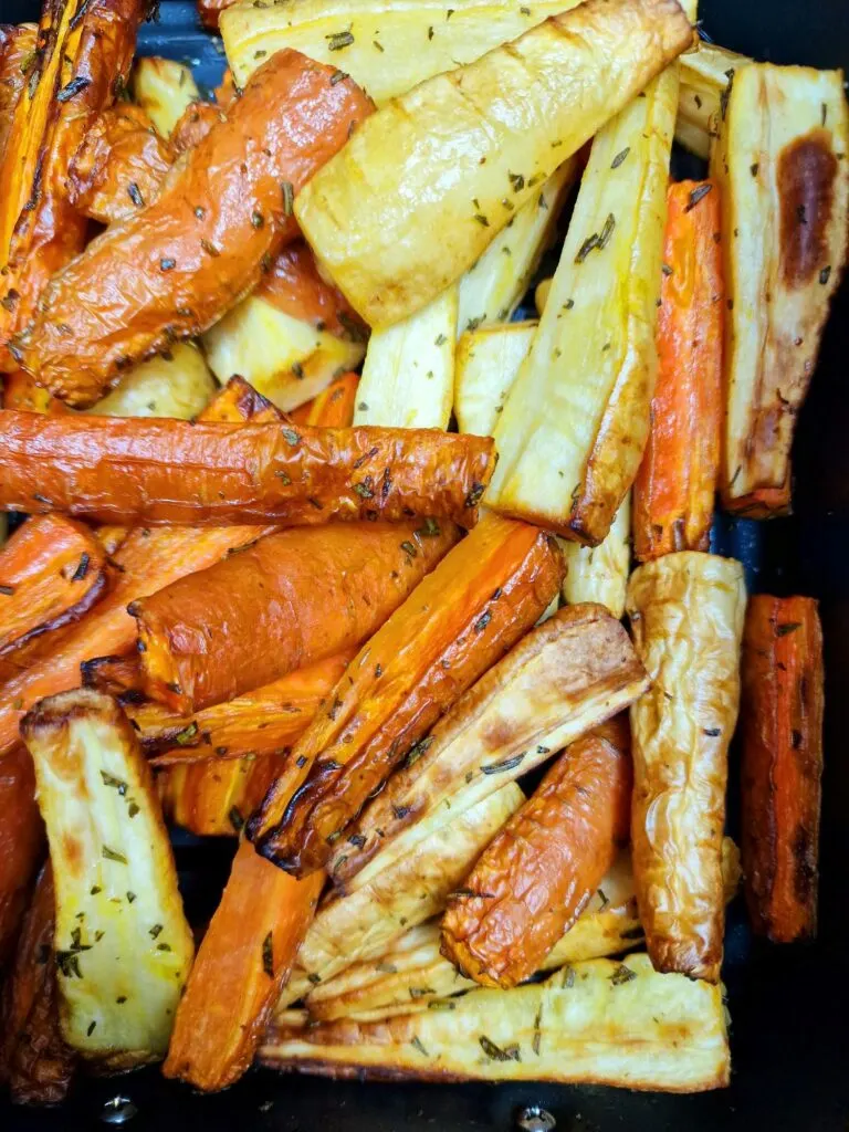 air fryer carrots and parsnips in basket