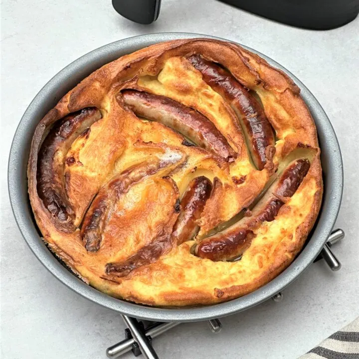 air fryer toad in the hole in a baking tin
