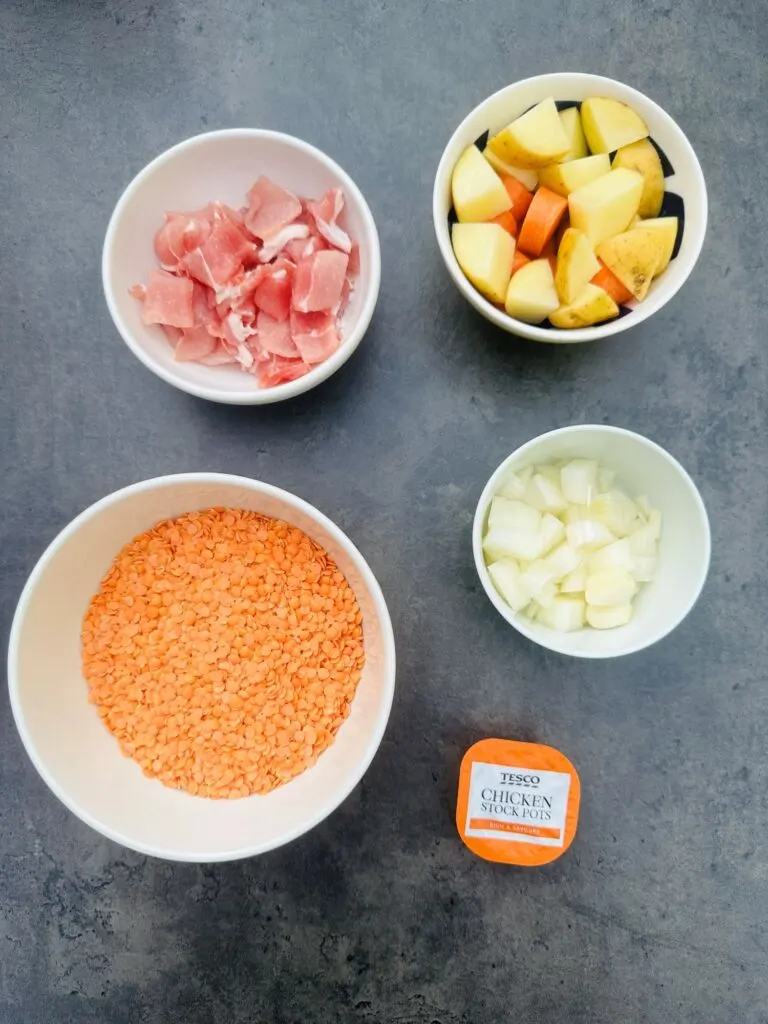 ingredients for bacon and lentil soup in a soup maker