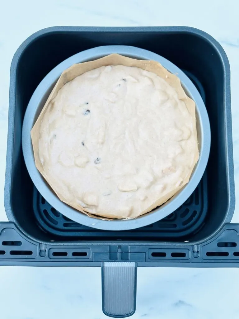 batter in cake tin in air fryer